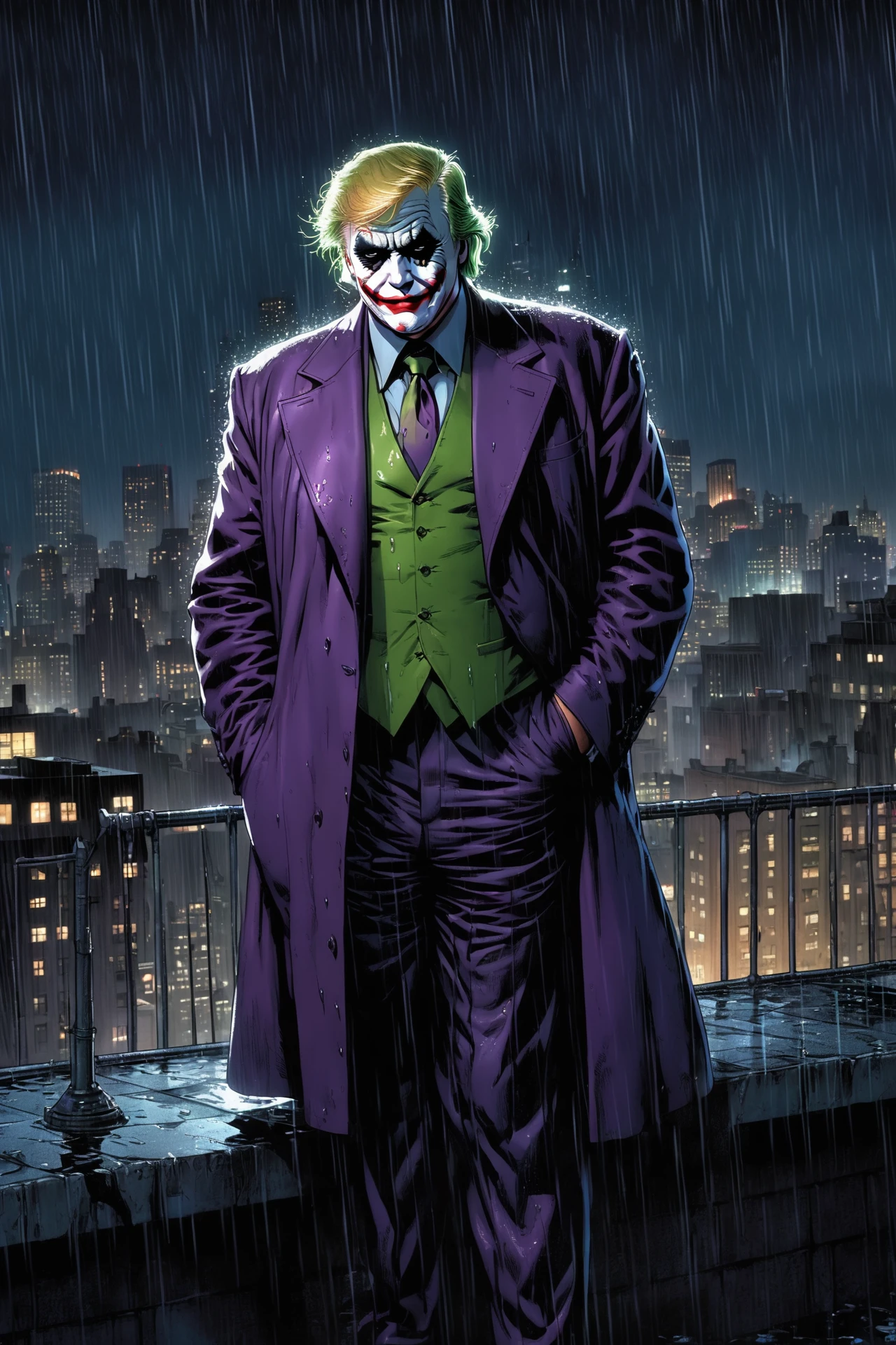 Donald Trump as The Joker (The Dark Knight), in Gotham city at night, overlooking the city, raining, wet, pathetic, fat, highly detailed, perfect lighting, subsurface scattering, masterpiece, (comic style, graphic novel), (realistic:1.6),