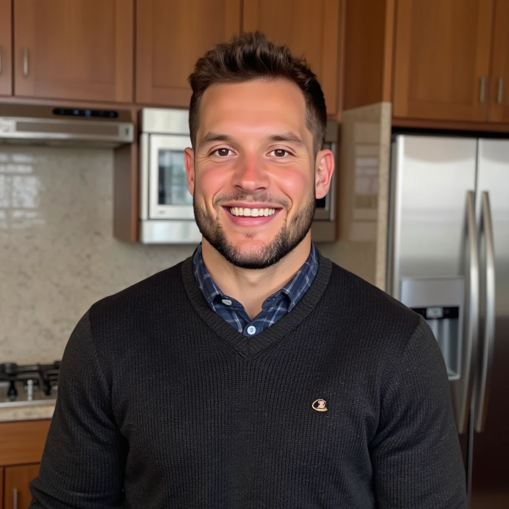 photo of a man wearing a sweater, in a kitchen