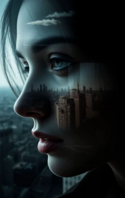 Beauty, realism, cinematography, chiaroscuro, rays of light, play of shadow and light, cinematic quality, Cinematic style.
a double exposure image that combines a cityscape with a close-up of a person's face, creating a dramatic and artistic effect where the two elements merge seamlessly, The image captures the haunting beauty of a cityscape merging with the detailed features of a person's face,
