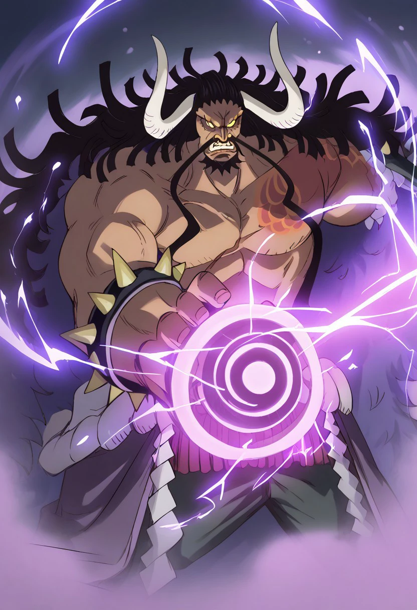 score_9, score_8_up, score_7_up, source_anime, rating_safe, purple electricity, KaidoOP, black_Kaido_facial hair, white_Kaido_horns, black_Kaido_hair, yellow eyes, angry, 1boy, male focus, aura, epic wallpaper,