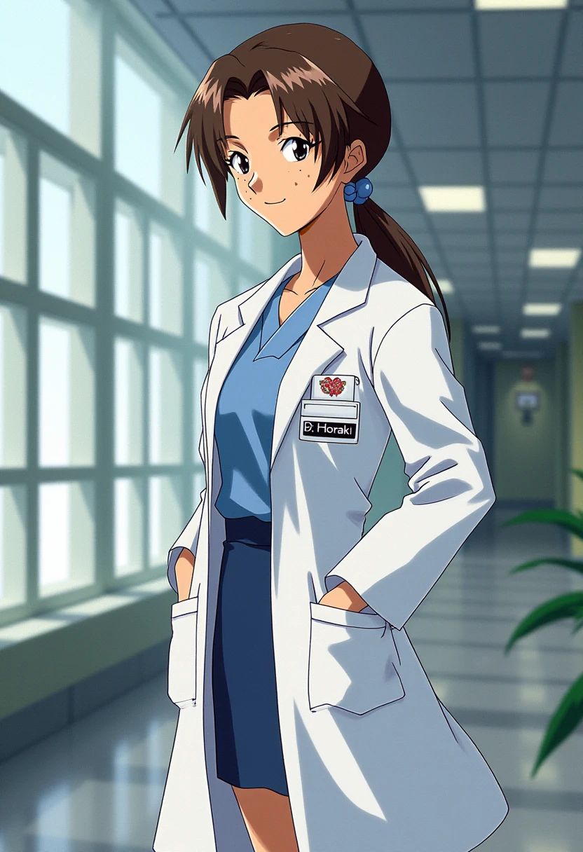 A detailed portrait of a young and beautiful female surgeon horaki hikari. She has dark brown hair.
Anime style, sharp, high contrast and highly detailed. Ghibli anime style. Perfect anatomy. Perfect body ratio. No oversized head. No blurry, out of focus pictures. No simple background, no single color background.
She is wearing a labcoat,  a shirt and a pencil skirt. She stands in a modern hospital lobby. On her labcoat there is an Id badge that reads "Dr. Horaki". She shows a lovely smile.
<lora:Hikari Horaki - Flux Prototype_epoch_2:1>