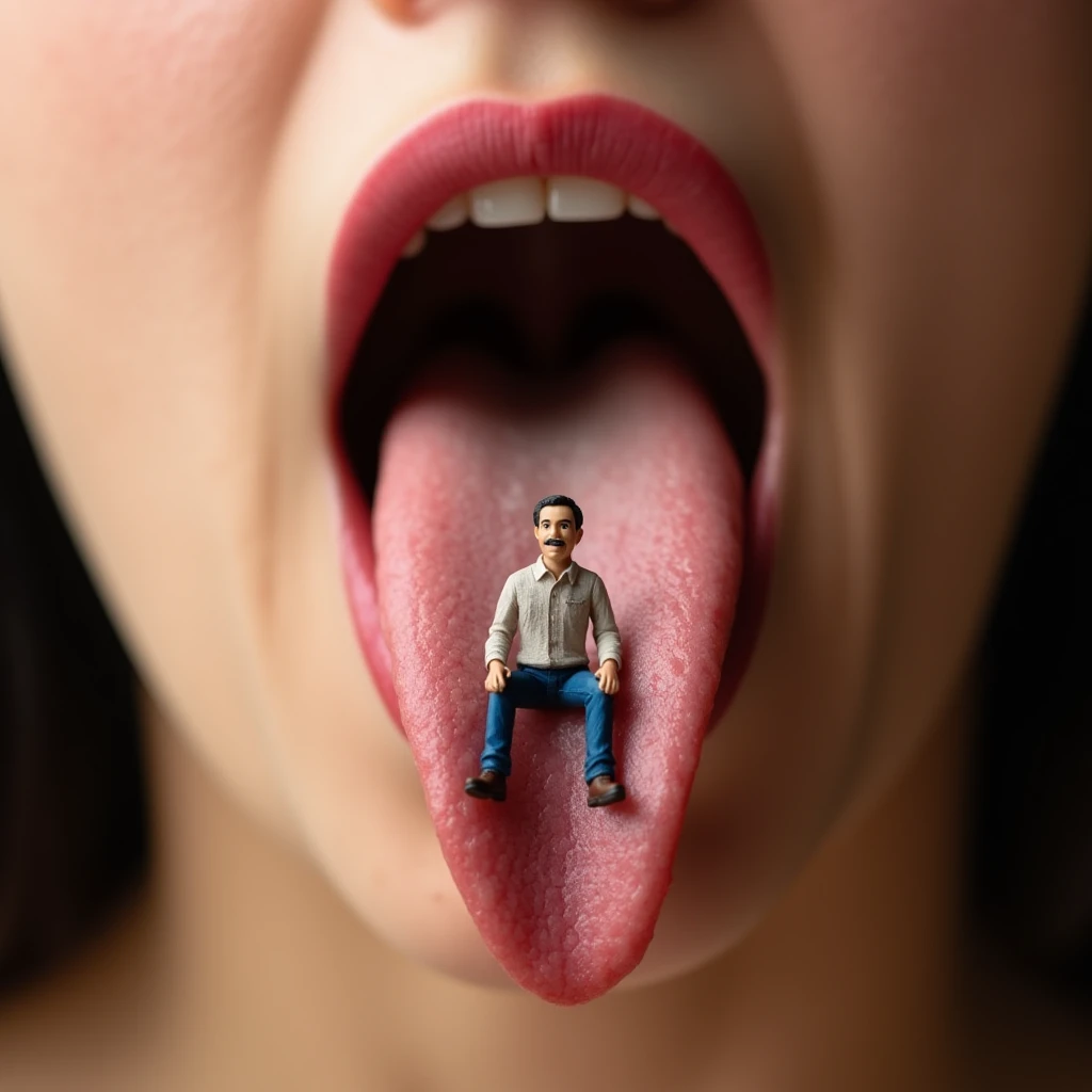 Closeup on the open mouth of a woman in frontview with her long tongue sticking straight out. On top of the tongue a miniature man is sitting with his tongue sticking out of his mouth. <lora:concept_long_tongue_out_flux_1_standard-000017:1>