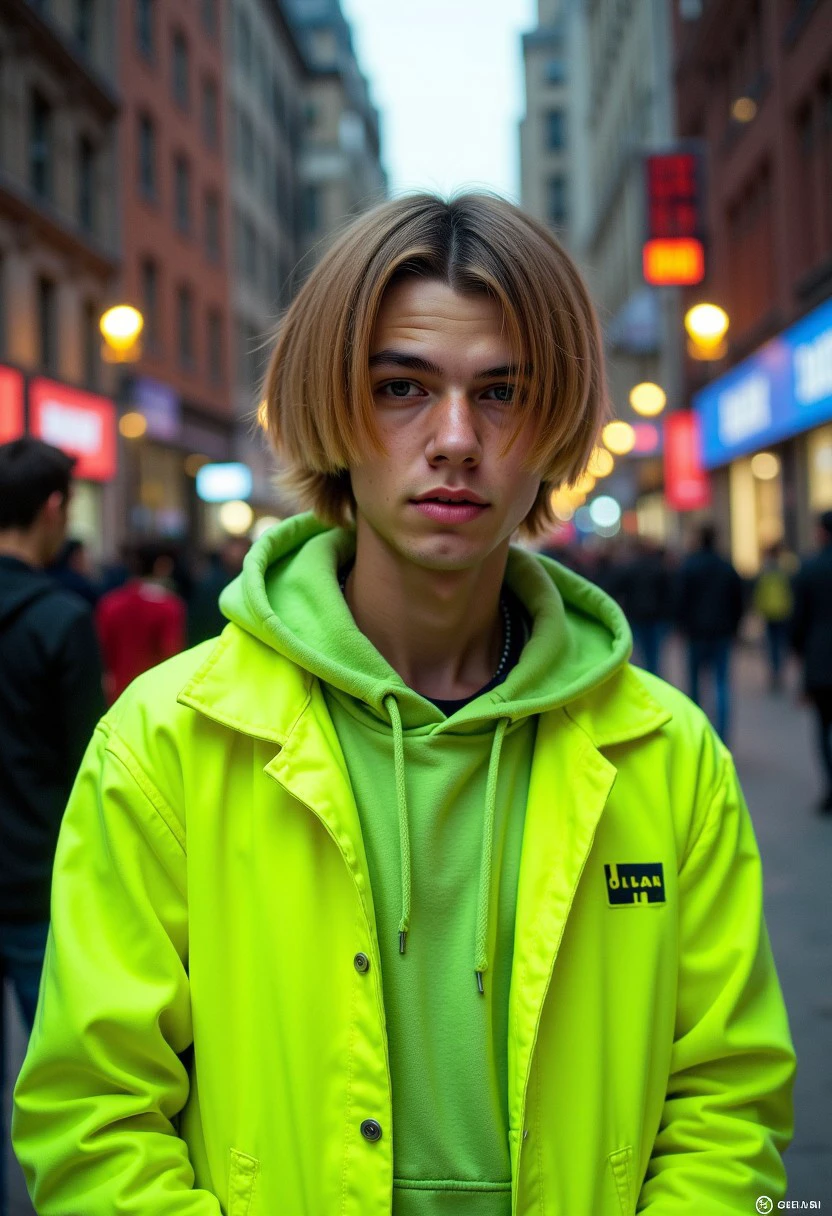 Xamericax,a young man, in big city , 90s green and yellow fluorescence clothes , green eyes, [(smooth blonde hair)]