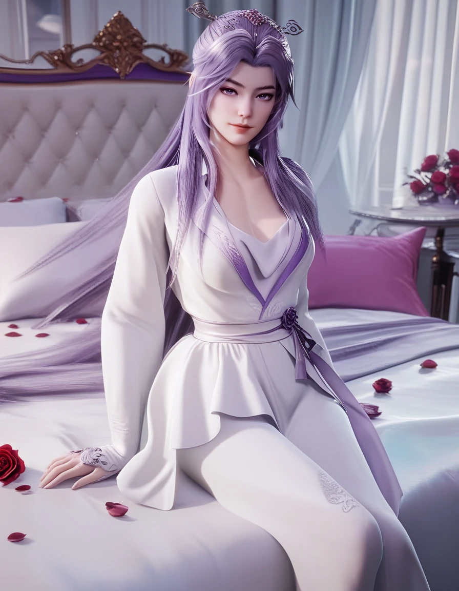 <lora:ponyyunxiao1-000009:1>,score_9,score_8,score_7_up,yunxiao,3d,sitting,looking at viewer,purple hair,white dress,Rose petal,on bed,