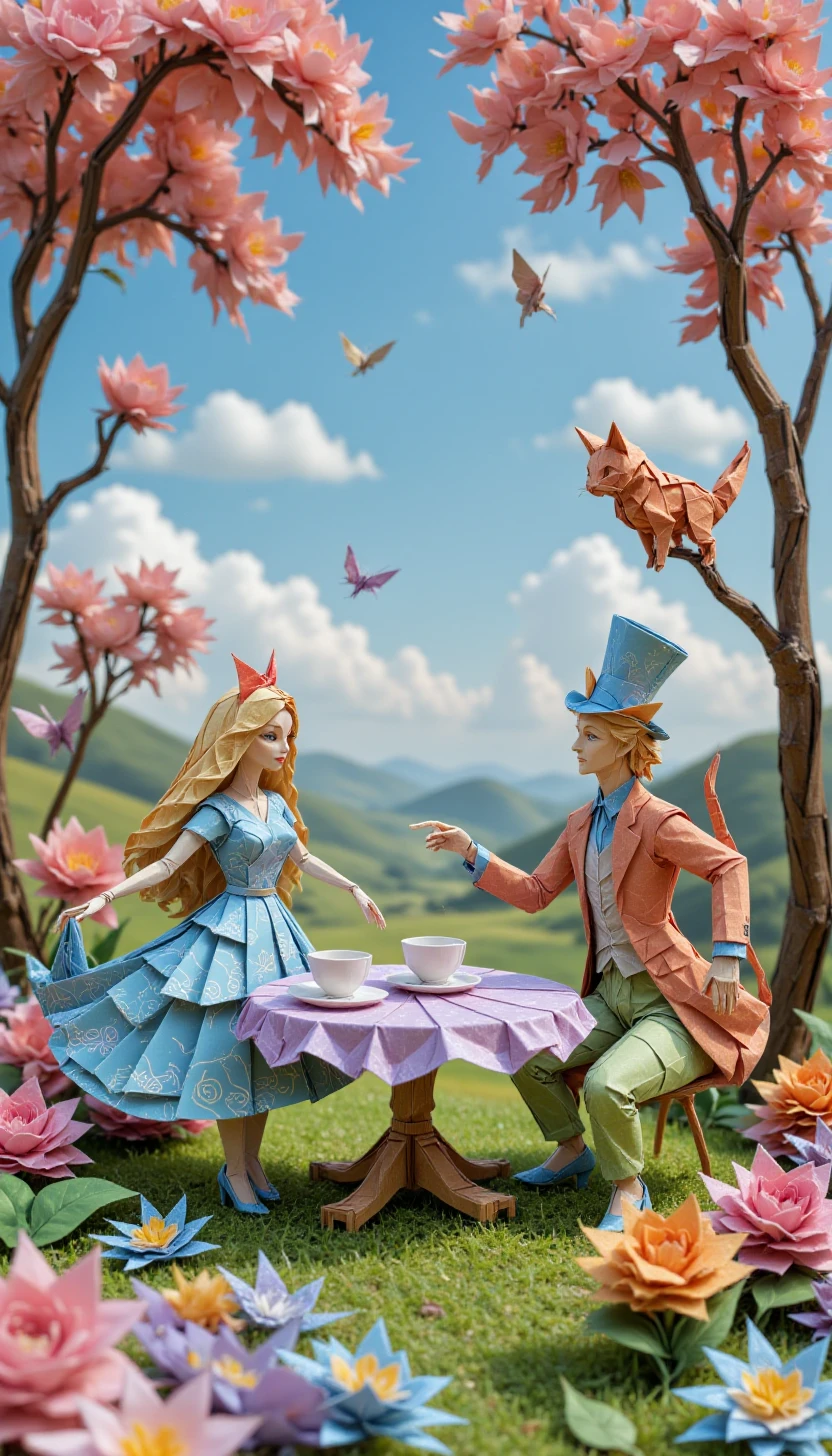 0r1gam1styl3, origami art,photo of Alice from Alice in Wonderland having tea. with intricate layer details. Use pale paper colors to highlight the whimsical nature of the characters and setting. The composition should show Alice, the Mad Hatter, and the Cheshire Cat at a tea table, surrounded by a lush garden. serene mood, vibrant colors, high resolution