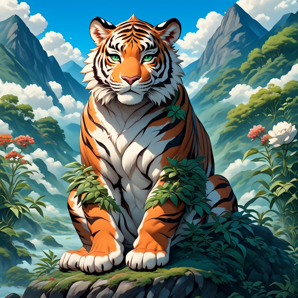 core_9, score_8_up, score_7_up, score_6_up,  <lora:Ars_Niji_Style_Pony:1> ArsNijiStyle, Tiger, The image is a digital illustration of a tiger sitting on a rock in a mountainous landscape. The tiger is facing the camera with its head turned slightly to the side. Its fur is orange and black striped and its eyes are a piercing green. The background is filled with lush greenery including trees bushes and flowers. The sky is blue with white clouds and the mountains in the distance are covered in green foliage. The overall mood of the image is peaceful and serene., no humans, tiger, outdoors, flower, sky, green eyes, cloud, plant, day, looking at viewer