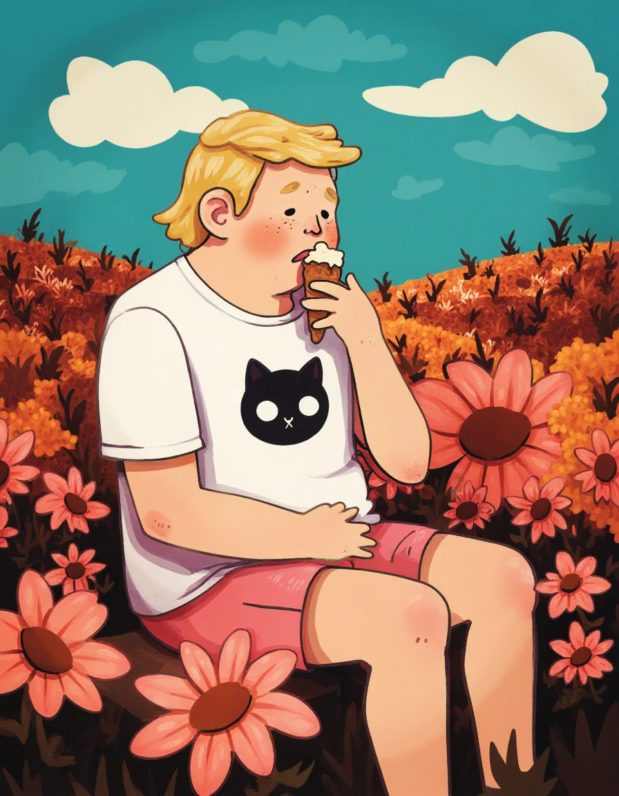 whimsyglo style image of Donald Trump man sitting in a field of flower. He is eating an ice cream while looking sad. He is wearing a pink short and a white tshirt with a cute black cat logo on it. The day is sunny and the sky is blue.  <lora:Whimsyglo style_epoch_20:1>