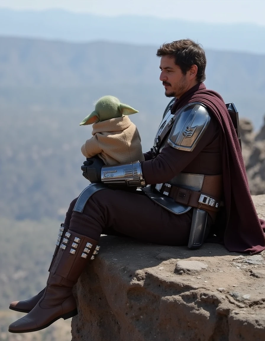 a photo of pedro pascal ,(visible face:1.3),wearing mandalorian armour without helmet,holding baby yoda,sitting at the edge of a cliff,star wars,lucasfilm, <lora:Mando:1>