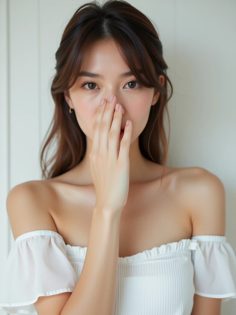 best quality, masterpiece, raw photo of a female in white dress, close up face, brown hair, fashion accessories, looking at viewer, indoor, day time, professional photo, high contrast exposure, soft bokeh, high key light, hard shadow, soft bokeh, simple background, white background, lips sneeze to viewer,