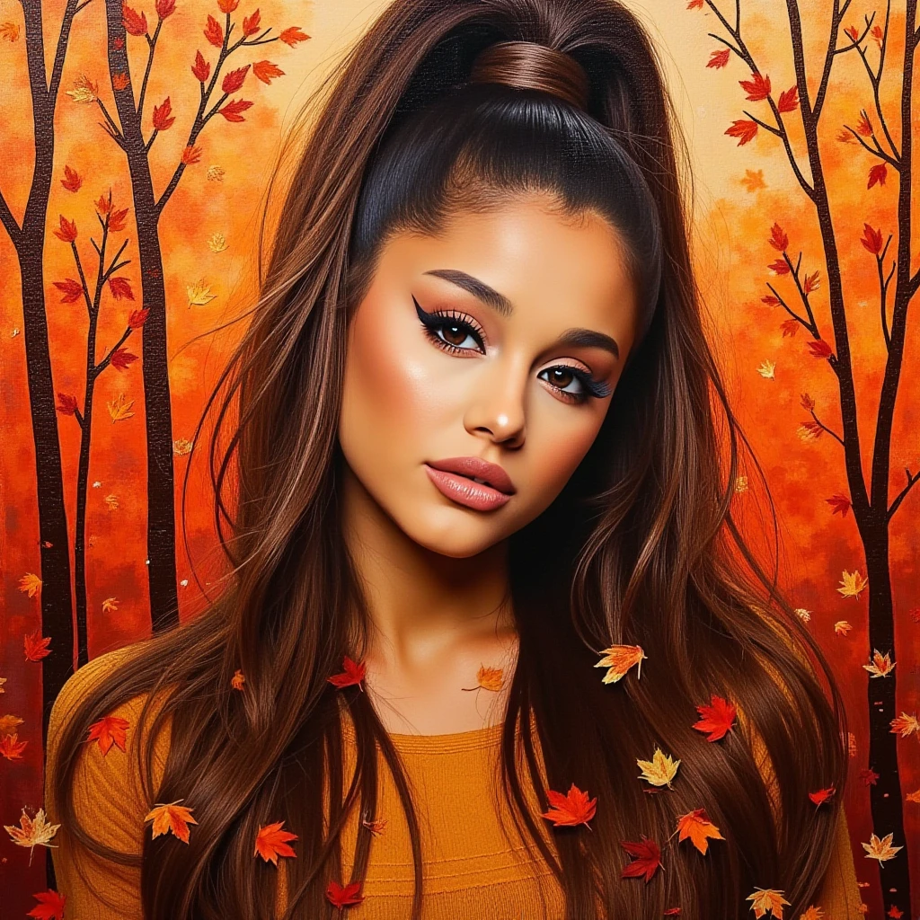 woman, light makeup, high ponytail, Expressionistic abstract painting utilizing a rough palette knife technique depicting the face of a woman with long flowing hair in the fall. The autumn theme is respresented through primary use of the colors red, orange and brown as well as autumn trees and leave, 4r14n44