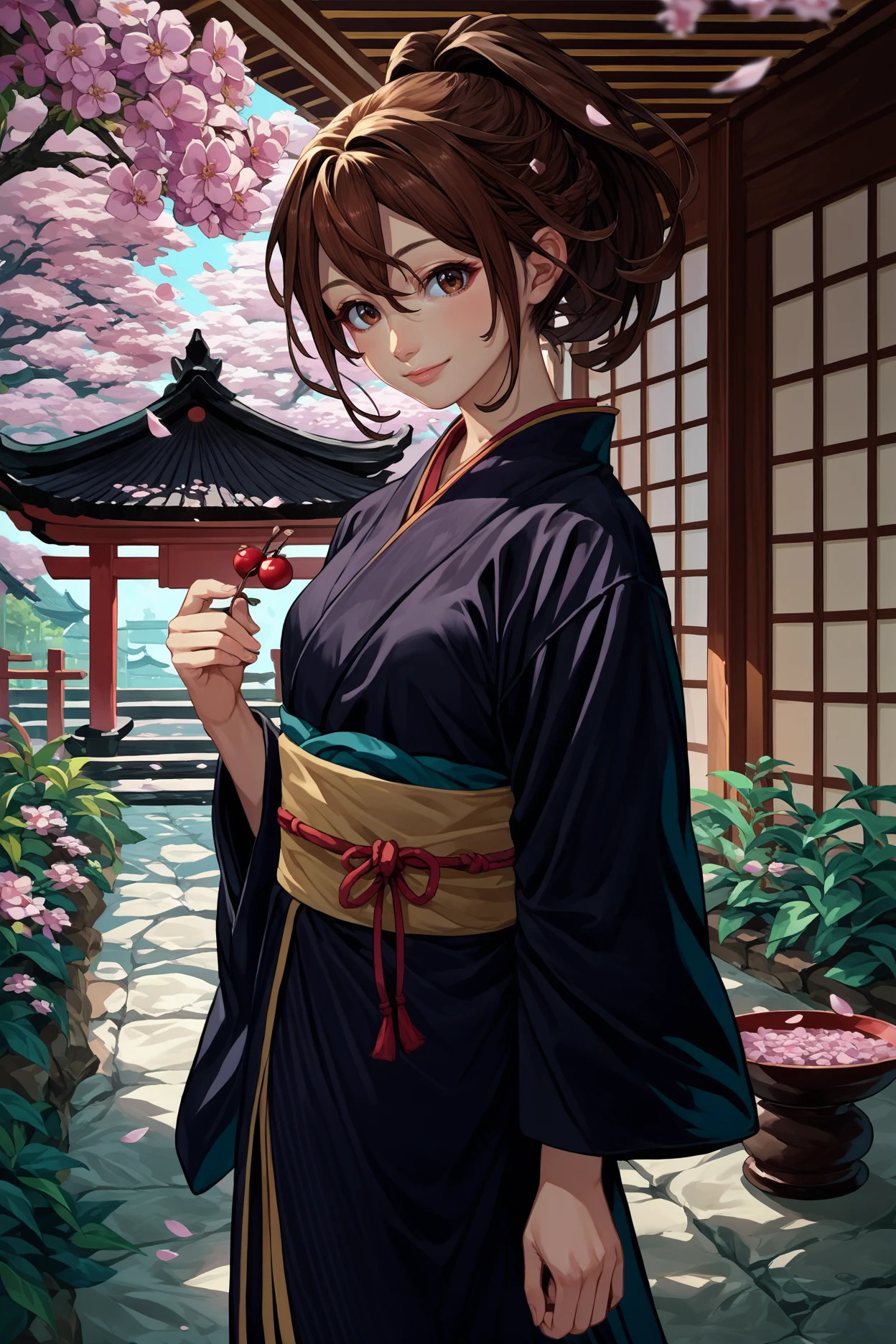 score_9, score_8_up, score_7_up, score_6_up, source_anime, 1girl, solo,  <lora:rnakiho-pdxl-nvwls-v1-000005:1> rnAkiho, brown hair, brown eyes, ponytail, black kimono, sash, looking at you, happy, cherry blossoms, garden, japanese architecture