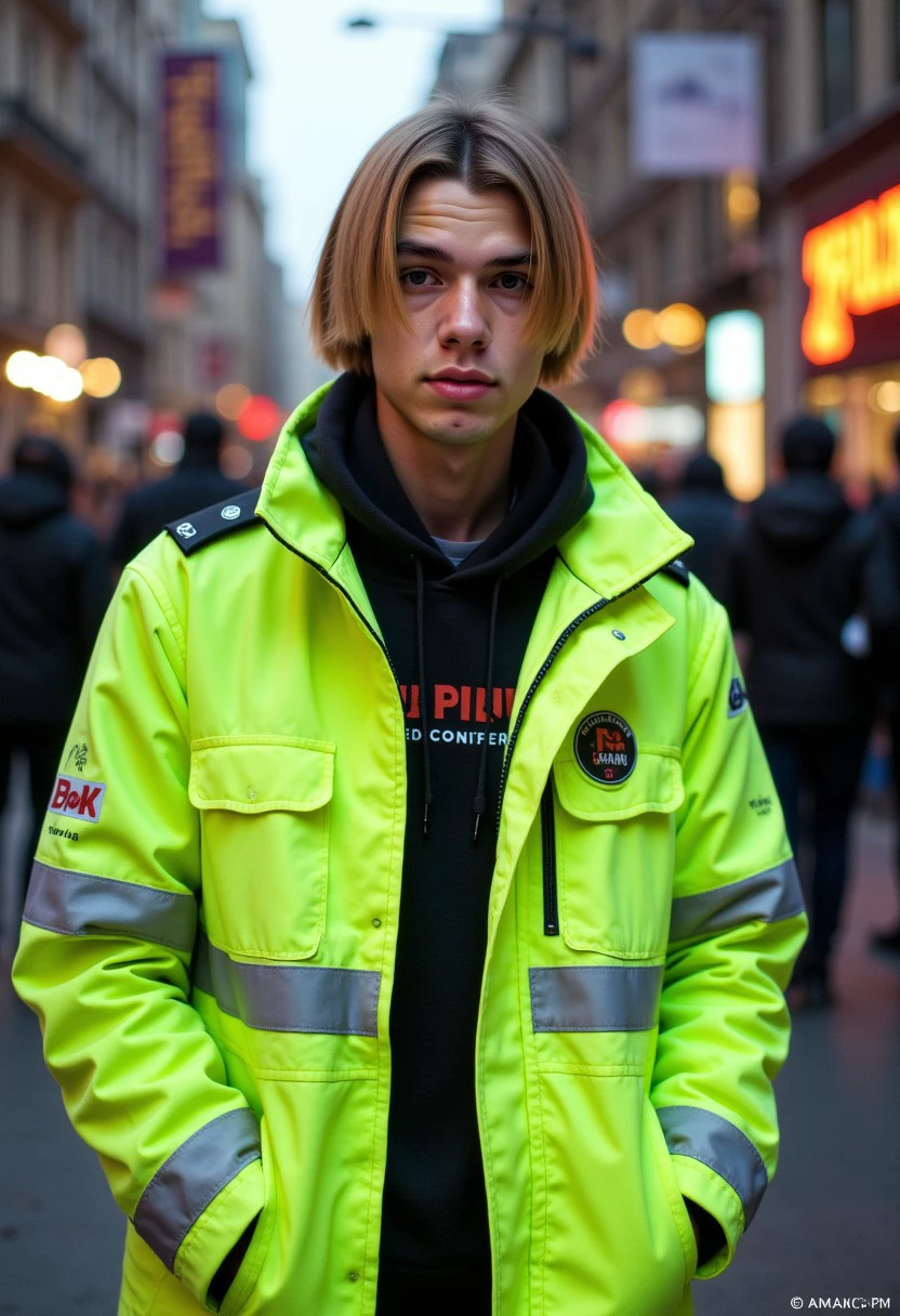 Xamericax,a young man, in big city , 90s green and yellow fluorescence clothes , green eyes, [(smooth blonde hair)]