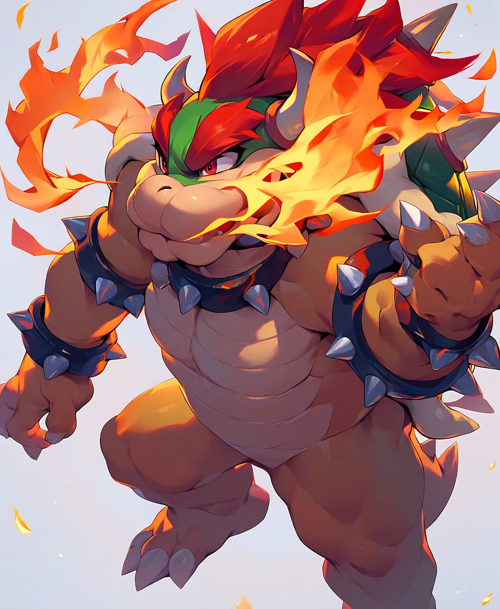 score_9, score_8_up, score_7_up, score_6_up, score_5_up, score_4_up, source_furry, hi res, side angle, rimlight, solo, Bowser, Spiked Bracelets, Spiked Collar, Spiky Shell, red eyes, focus, solo, fire, breathing fire