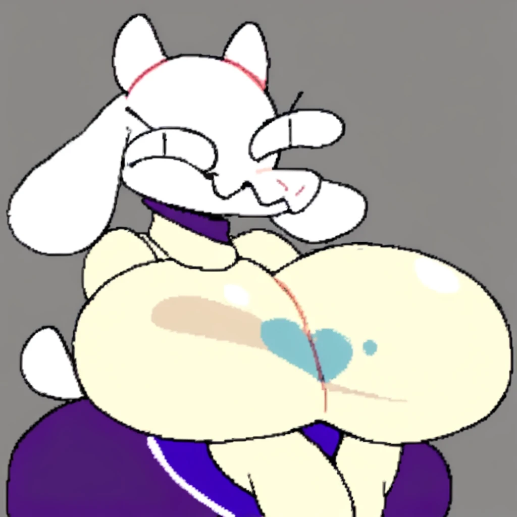score_9, score_8_up, score_7_up, (By SuperiorFox, SuperiorFX style), color harmony, flat colors,female solo, slit pupils, simple eyes, Toriel, toriel_dreemur, undertale_(series), purple dress, long sleeves, upper body, huge breasts, breasts bigger than head, smug face, ^ ^, looking at viewer, white fur, simple background, standing, grey background