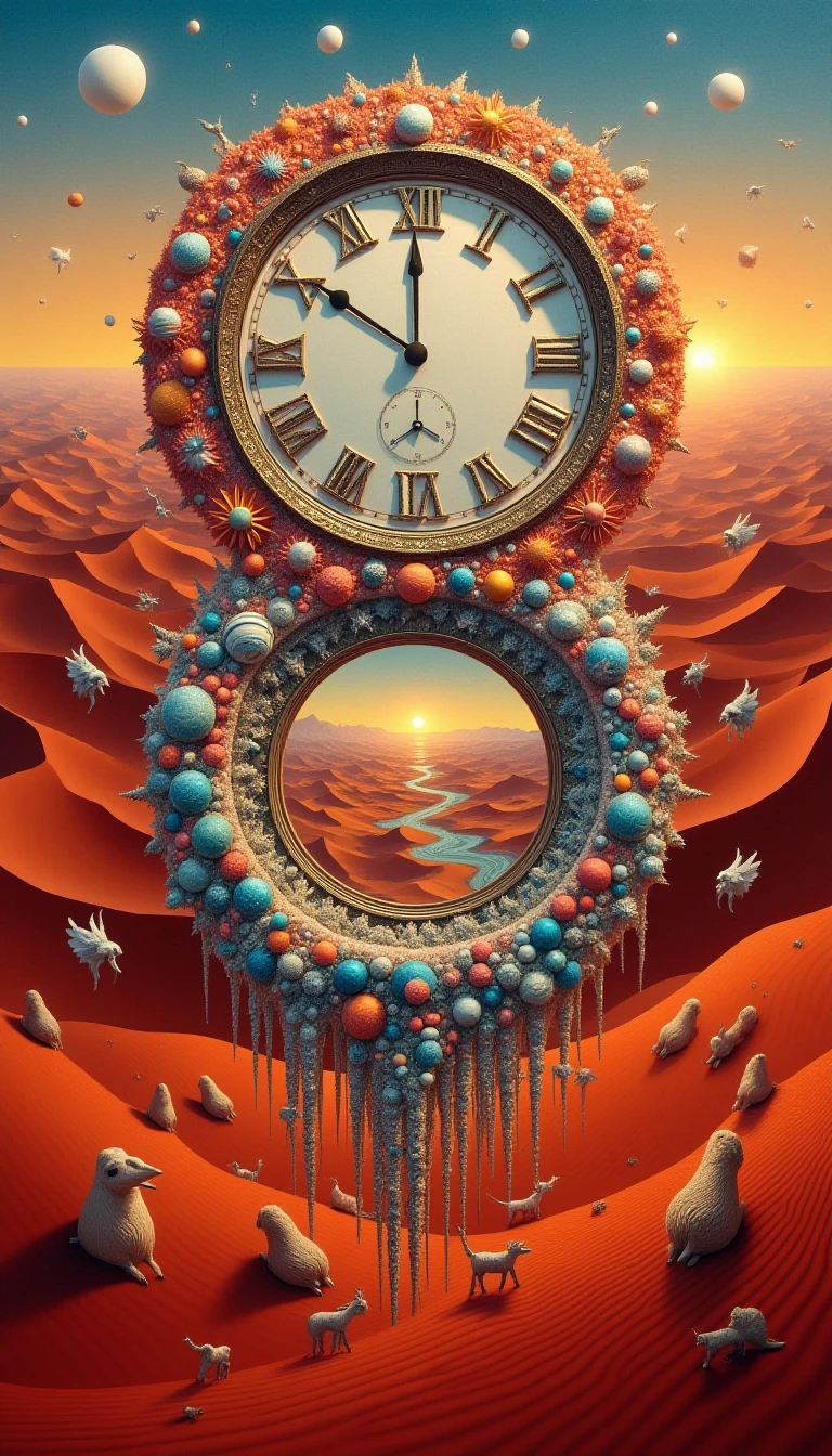 <lora:XRayStyleFlux:>CosmicStyle, Mahogany Surrealist oil painting, melting clocks, desert background, red sand, glowing sunset, shadows, Origami animals, paper forest, vibrant colors, intricate folds, harmonious composition, detailed texture, surrealist mood, Salvador Dali influence, contrasting textures, soft melting clocks, crisp Origami