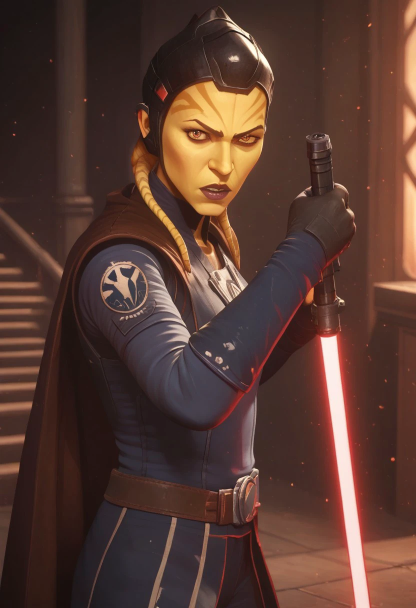 (score_9, score_8_up, score_7_up:1.4) , sfw, lynrakish, yellow skin, head tentacles, red eyesblack outfit, llightsaber hilt, holding lightsaber hilt in one hand, black cape, empire emblem on shoulder, detailed, looking at viewer, standing on a star wars city street, bokeh,fighting pose, one hand reaching towards viewer, black gloves, perfect hands, lightsaber in one hand, energy sword, using the force with one hand