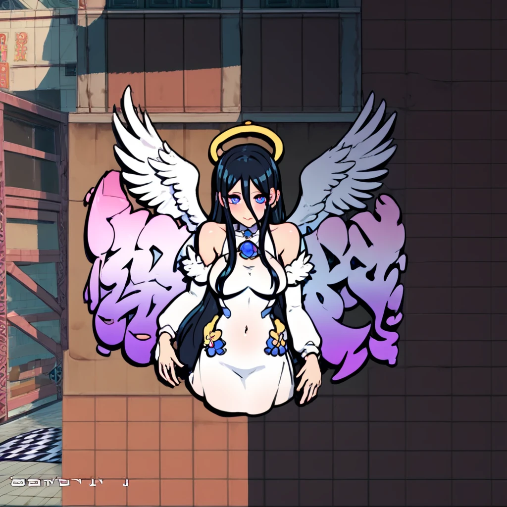 a robotic angel (Based on a lovely woman, sheer white airy gown, obvious mechanical sections and joints, neon high lights and indicator lights, angel wings with rainbow colored feathers) is posing on a futuristic stage, the phone number to order her is printed along the bottom f the screen (show her from head to toe, show her entire body, show all of her)
