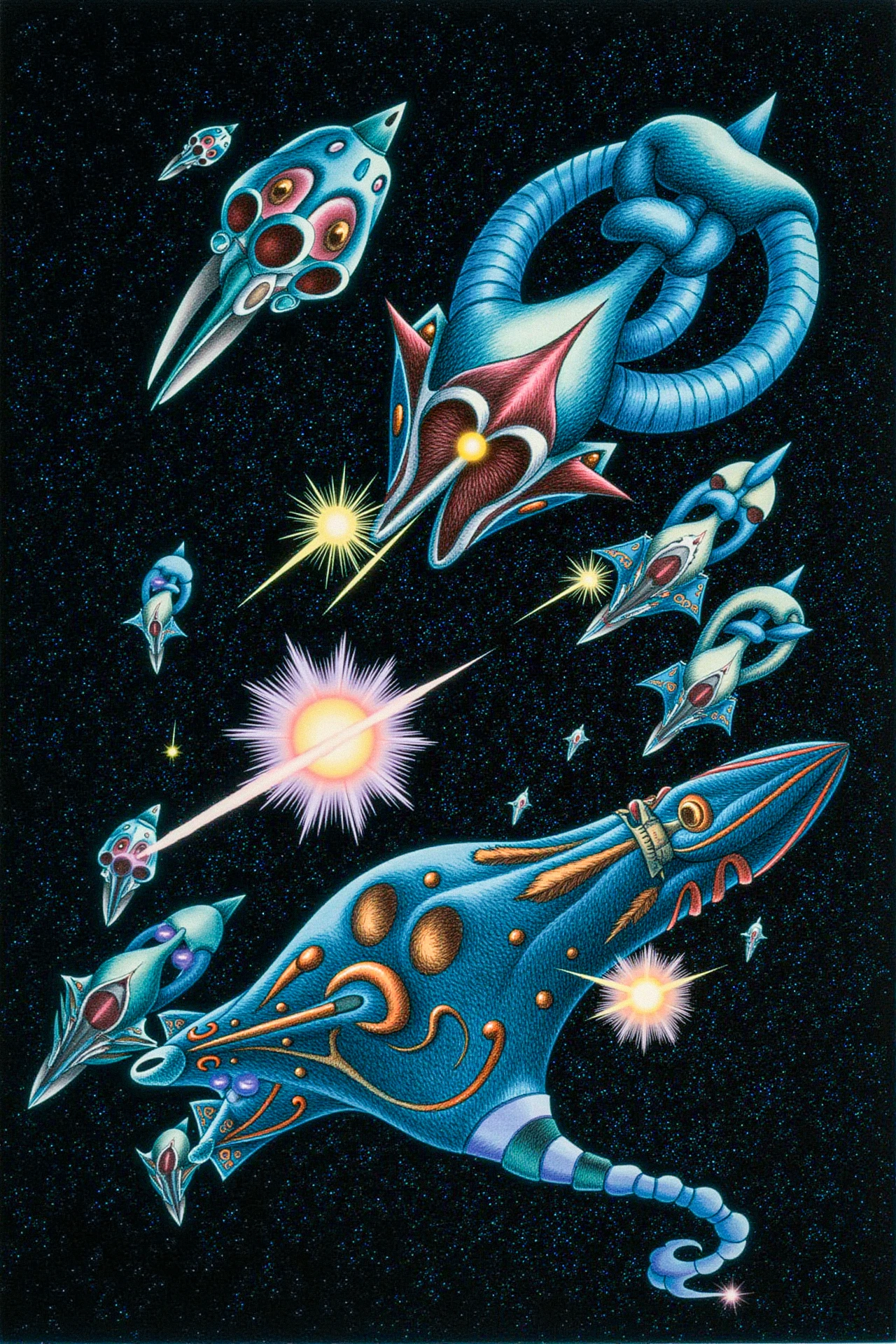 "A cosmic war unfolds in the void of space, with massive starships and alien armadas clashing in an epic battle. The starships are colossal, with intricate designs that blend organic and technological elements. Explosions and beams of energy light up the darkness, as smaller fighter ships dart between the larger vessels. In the distance, a black hole looms, pulling in debris and wreckage, adding a sense of impending doom to the scene." <lora:fantastic_planet_v1:1>