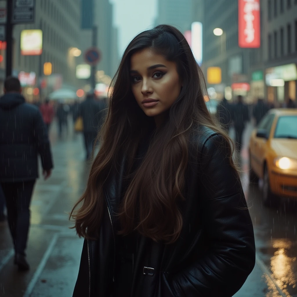 woman, light makeup, coat, raining, street, 4r14n44