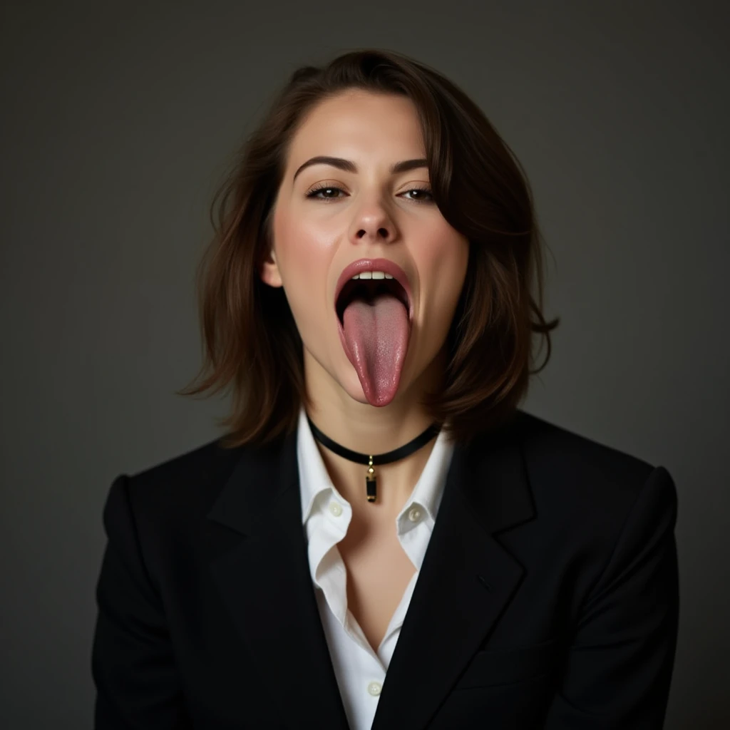High quality passport style portrait photo of a woman wearing a suit and tie with her mouth open and her long tongue sticking out. The inside of her mouth is illuminated by camera flash from the front. She is wearing a simple thin leather choker. , <lora:concept_long_tongue_out_flux_1_standard-000017:1>