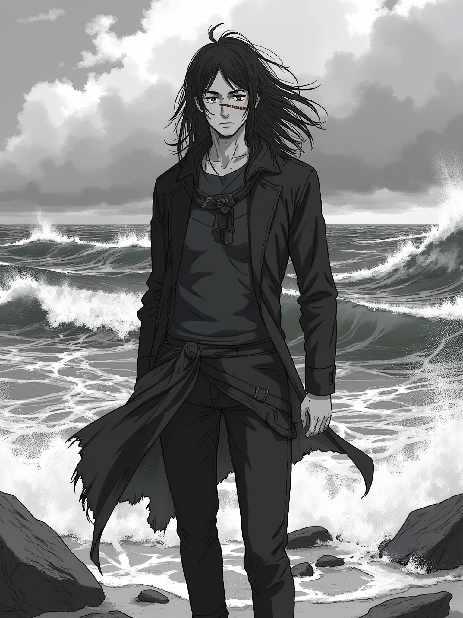 A highly detailed manga-style drawing of a young man standing solemnly on the shore of a stormy sea. His long, flowing black hair is swept by the fierce wind, adding to the sense of intensity in the scene. The man’s most striking feature is a prominent, jagged scar that runs across the bridge of his nose, a mark of past struggles. He stands with a calm yet contemplative expression, his sharp eyes focused on the turbulent waves crashing against the rocky shore. His clothes—dark, tattered, and billowing in the wind—contrast with the violent, swirling ocean behind him. The stormy sky above is filled with heavy clouds, adding to the dramatic atmosphere as the man quietly observes the relentless power of nature.