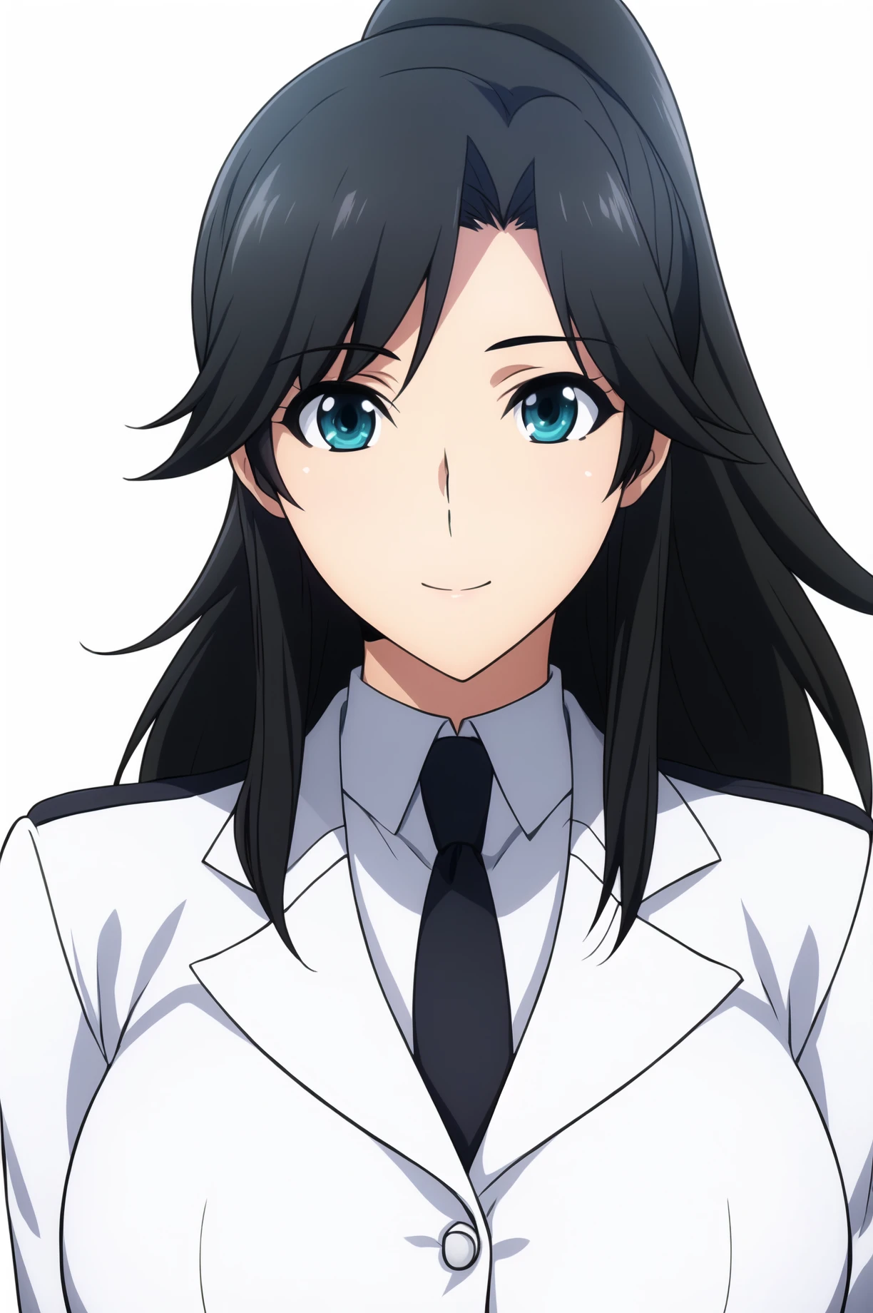 Simple Background,(White_Background:1.1),
dynamic pose,standing at attention,
White suit, white jacket, white shirt, long sleeves, Black necktie, 
<lora:Kyouko_Fujibayashi_Irregular-KK77-V1:0.7>,Kyouko_Fujibayashi_Irregular,
blue eyes, black hair,bangs,Long hair,ponytail, 
<lora:more_details:0.1>,<lora:NovelAI_YesMix5_KKStyle-KK77-Yes5-V1:0.3>,<lora:Oda_Non_Style2-KK77-Yes5-V1:0.3>,
1 girl, 20yo,Young female,Beautiful long legs,Beautiful body,
Beautiful Nose,Beautiful character design, perfect eyes, perfect face,expressive eyes,perfect balance,
looking at viewer,(Focus on her face),closed mouth, (innocent_big_eyes:1.0),(Light_Smile:0.3),
official art,extremely detailed CG unity 8k wallpaper, perfect lighting,Colorful, Bright_Front_face_Lighting,White skin,
(masterpiece:1.0),(best_quality:1.0), ultra high res,4K,ultra-detailed,
photography, 8K, HDR, highres, absurdres:1.2, Kodak portra 400, film grain, blurry background, bokeh:1.2, lens flare, (vibrant_color:1.2),professional photograph,
(Beautiful,large_Breasts:1.4), (beautiful_face:1.5),(narrow_waist),