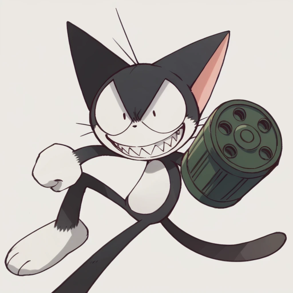 score_9, score_8, masterpiece, high quality, kuro-chan, cat, black cat, black body, tail, white belly, 1boy, furry male, solo, sharp teeth, wide open eyes,, grin, fangs, simple background, looking at viewer, dynamic pose, gun, gatling gun