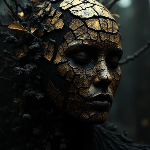 with a black and gold color scheme. Her face is covered in intricate patterns and designs, giving the impression of a cracked wall. The overall mood of the image is somber and contemplative., creating a chaotic and dynamic scene. The background is dark and murky, creating a sense of movement and energy. The background is completely black, but it seems to be an outdoor setting with trees and foliage. The overall mood of the image is eerie and mysterious.