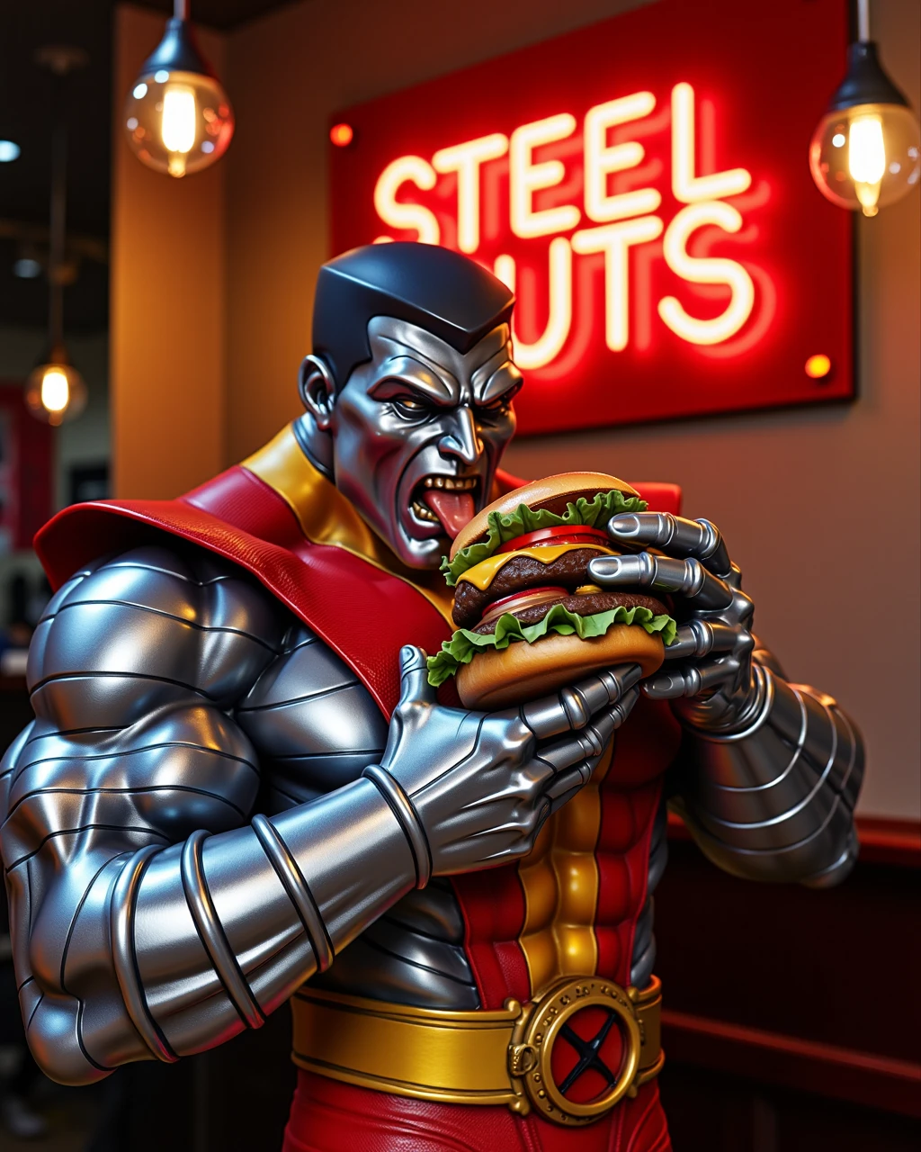 aiai-C0l0ssus, photo of colossus eating a hamburger at a resturant called STEEL GUTS, STEEL GUTS neon sign on the wall