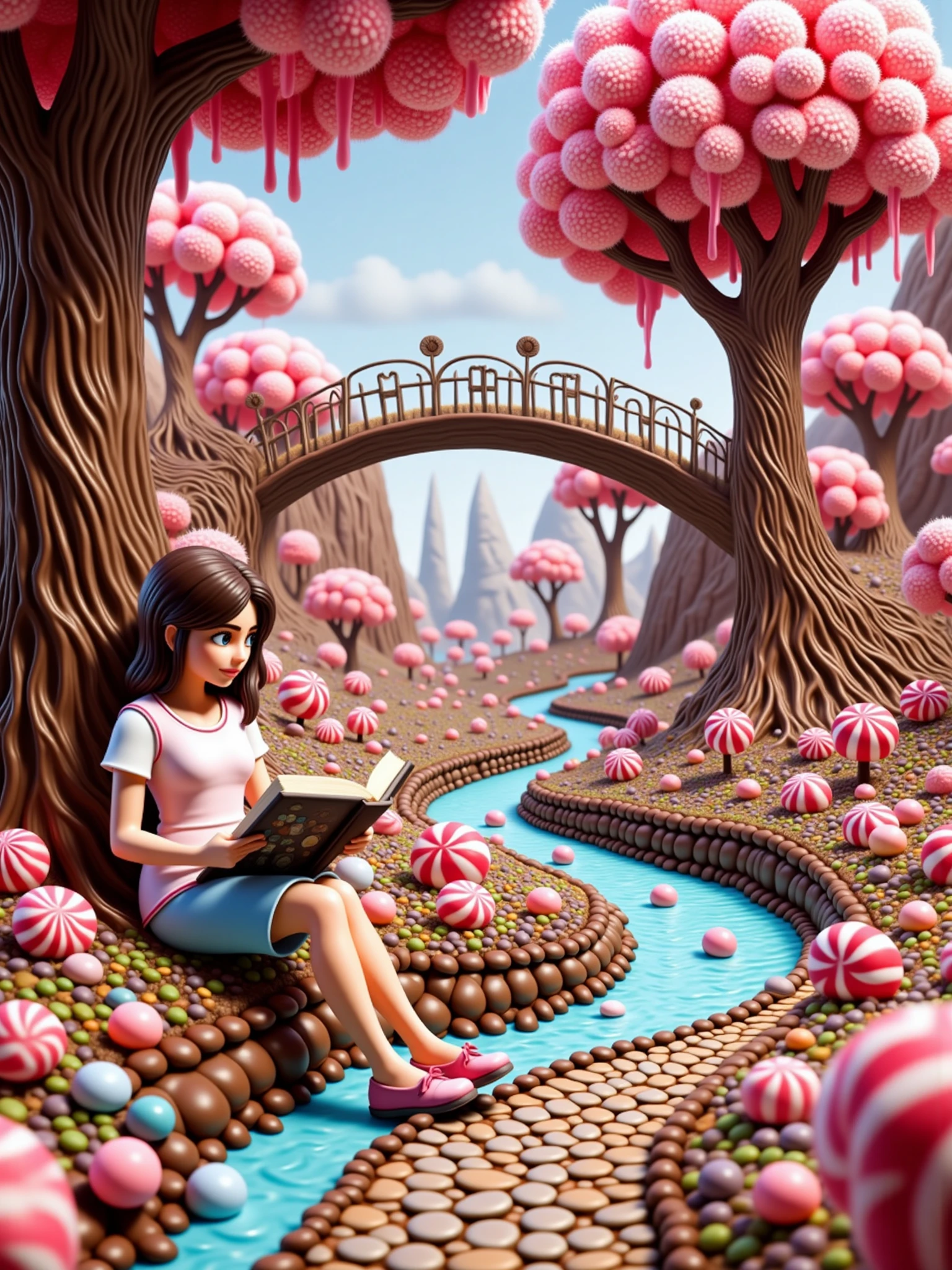 A woman reading a book under a tree by a river and a path with a white candy stone bridge leads over a river in candyland where everything is made of chocolate and candy.