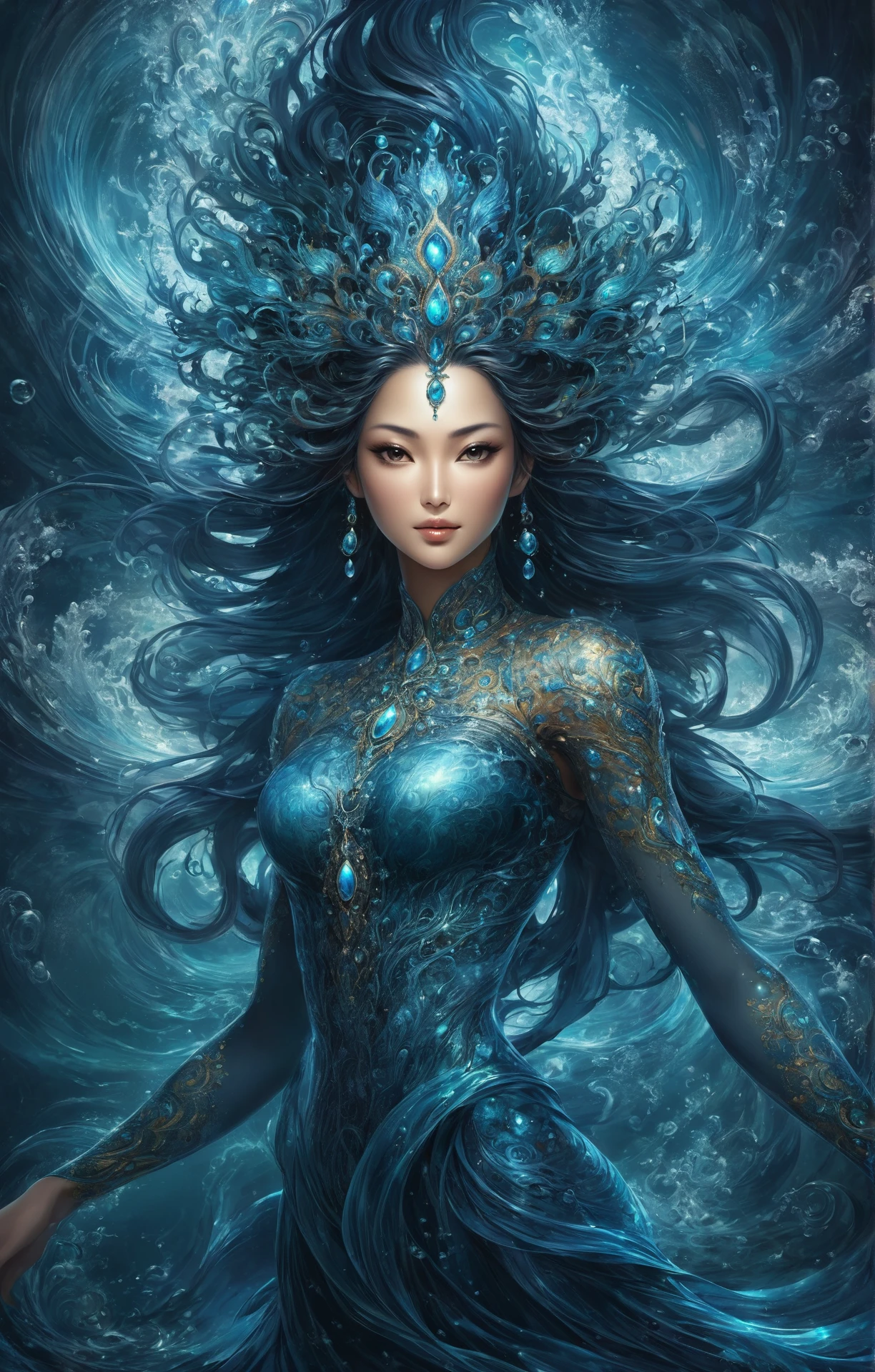 masterpiece, high detail, (dark fantasy style), masterpiece, stunning oriental water spirit woman, made of ripples of water, abstract, fractal art. highest definition, HD32K, wallpaper, hyperdetailed, concept art, perfect lighting, realistic textures, (beautiful, gorgeous, stunning), intricate, perfect body,