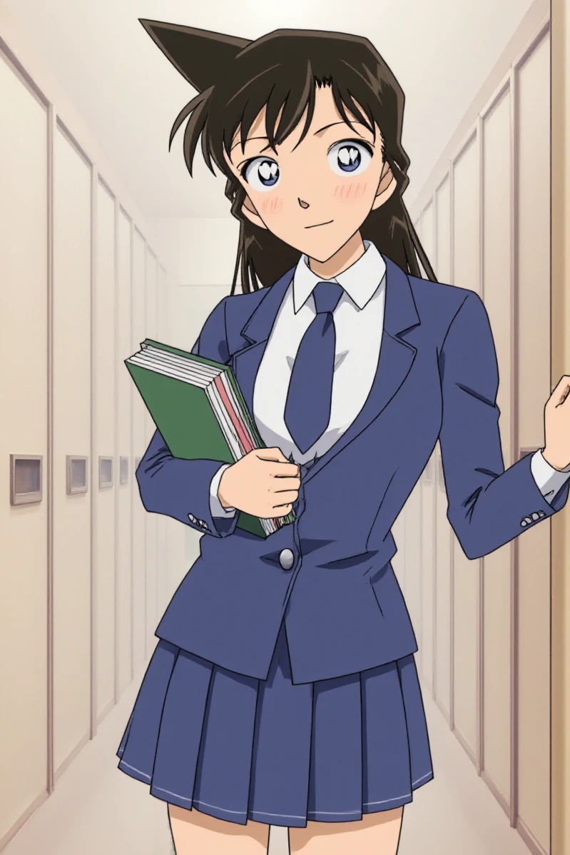 RanMōri, anime style, in school, wearing a school uniform with blue blazer, blue miniskirt and white blouse with bow. Leaning against a locker, holding a green book.