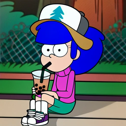 gravity-falls, 1girl, solo, blue hair, holding, bubble tea, park,