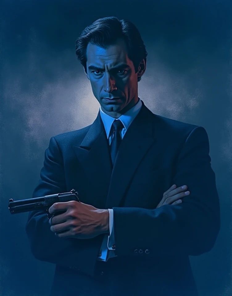 Highly detailed illustration with bold chalk and smooth gradients  of TimDalton standing in shadow in a dark room. He is wearing a dark suit with a white shirt and french cuffs. His arms are crossed. His right hand holds a small Walter PPK pistol. He has an angry expression on his face. He looks down and intensely at the viewer. The scene is back lit by a diffused light . <lora:TimDalton:1>