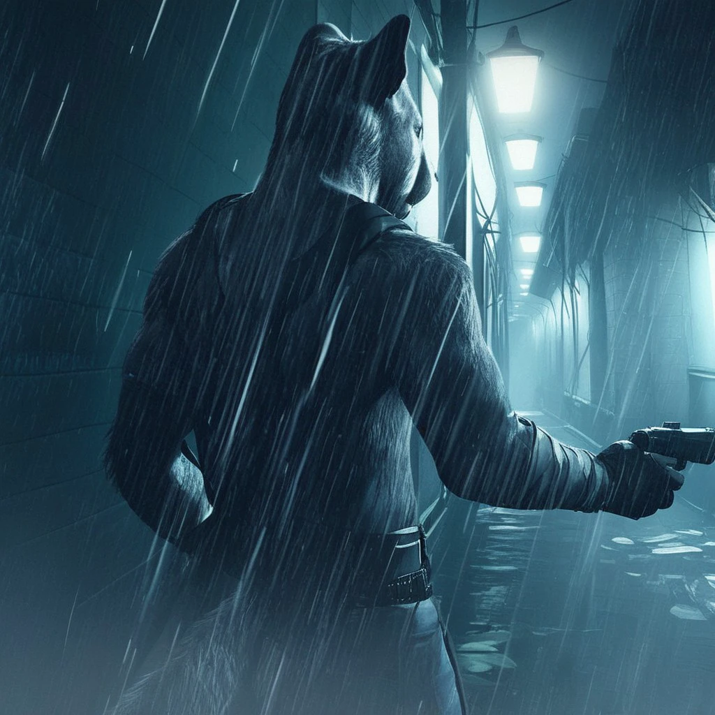 RE_Engine, solo, male, furry, panther, long tail, police uniform, holding a hand gun, semi muscular, black fingerless gloves, back against the wall, transparent rain, dim street lamps, street alley, night