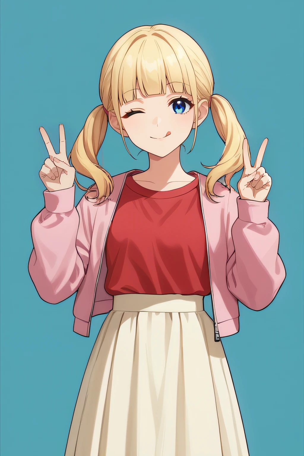 score_9, score_8_up, score_7_up, source_anime, rating_safe, intricate details, anime screencap, official style, 1girl, <lora:Narumi_Sena:1>, blonde hair, blunt bangs, blue eyes, twin tails, floating hair, red shirt, pink jacket, beige long skirt, standing, looking at viewer, smile, simple background, cowboy shot, hand up, peace sign, tongue out, closed mouth, one eye closed, five fingers