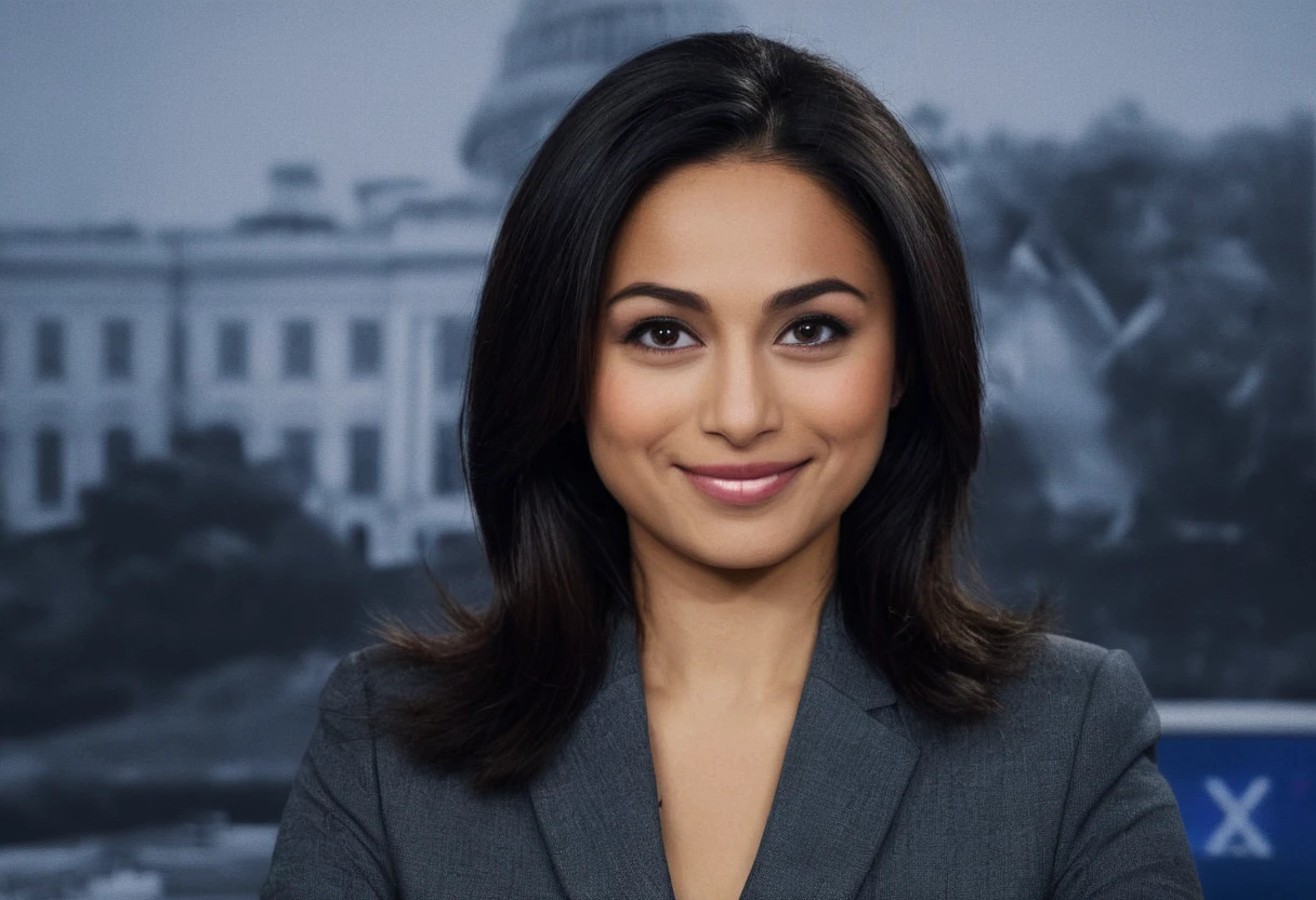 film still of live fox news,aishah hasnie is a reporter for fox news,suit,closeup head and shoulders portrait,kind_smile,fox news logo on bottom left screen,woman,white house in the background,holding microphone,<lora:Aishah Hasnie SDXL:0.8>,