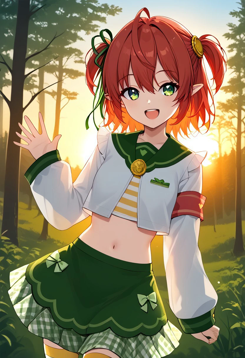 1girl, solo, highres, FuyoCloverfield, green eyes, bangs, hair ribbon, hair between eyes, green ribbon, red hair, ahoge, short hair, two side up, pointy ears, hair ornament,
navel, long sleeves, midriff, crop top, white shirt, sleeves past wrists, green sailor collar, armband, striped, green skirt, striped thighhighs,
looking at viewer, smile, open mouth, waving,
forest, day, sun, sunrise, sunlight, dawn, backlighting,