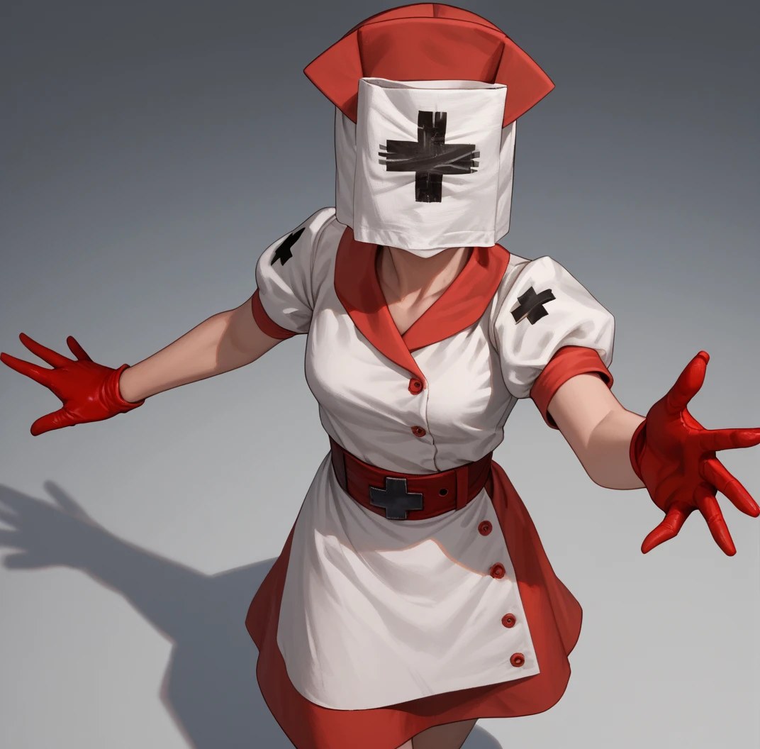 score_9, score_8_up, score_7_up, score_6_up, score_5_up, score_4_up, hud_r3aper_nrse, 1girl, solo, nurse, nurse cap, red gloves, hat, dress, short sleeves, belt, reaching, cowboy shot, from above, <lora:hud_r3aper_nrse_XLP:0.8>