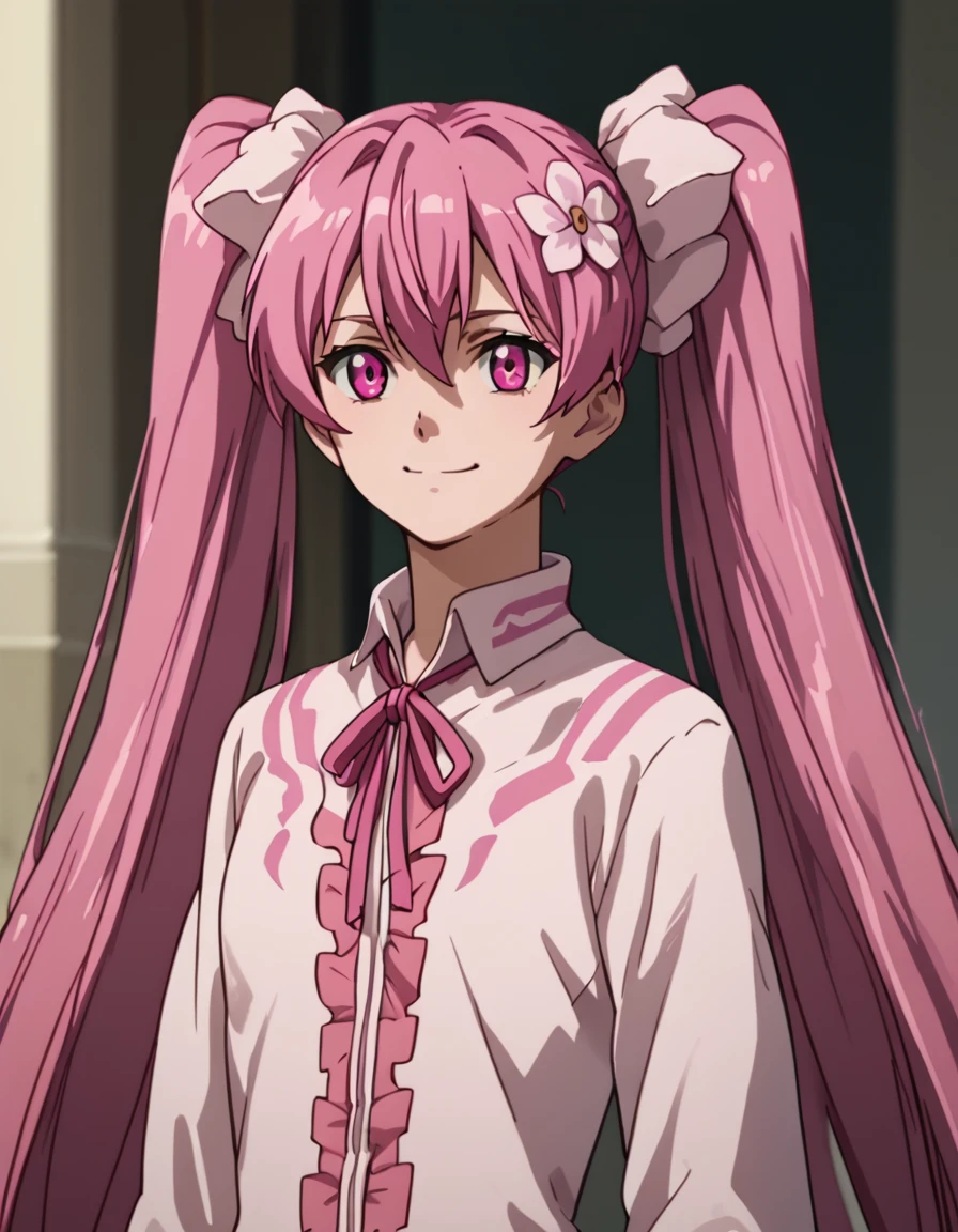 score_9, score_8_up, score_7_up, score_6_up, score_5_up, score_4_up, source_anime  <lora:AkamegaKill:1>, wide shot, soft smile Mine, hair ornament, very long hair, twintails, pink hair, pink eyes,