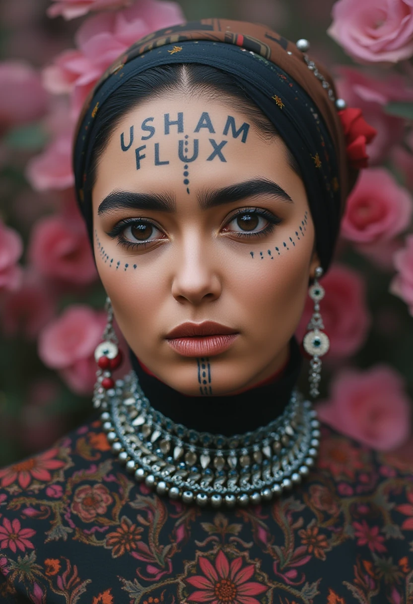 Nigerian Female, Lebanese, Portrait of haute couture exquisite fashion model, ethereal dreamy foggy, photoshoot by alessio albi, editorial fashion magazine photoshoot, fashion poses, in front of flora. kinfolk magazine
 woman adorned with facial tattoos that include symmetrical intricate yet minimalistic patterns of dots and lines. The tattoos form  'USHAM FLUX' on her forehead, . Her chin displays a vertical line intersected by short horizontal strokes, completing the geometric design., Usham