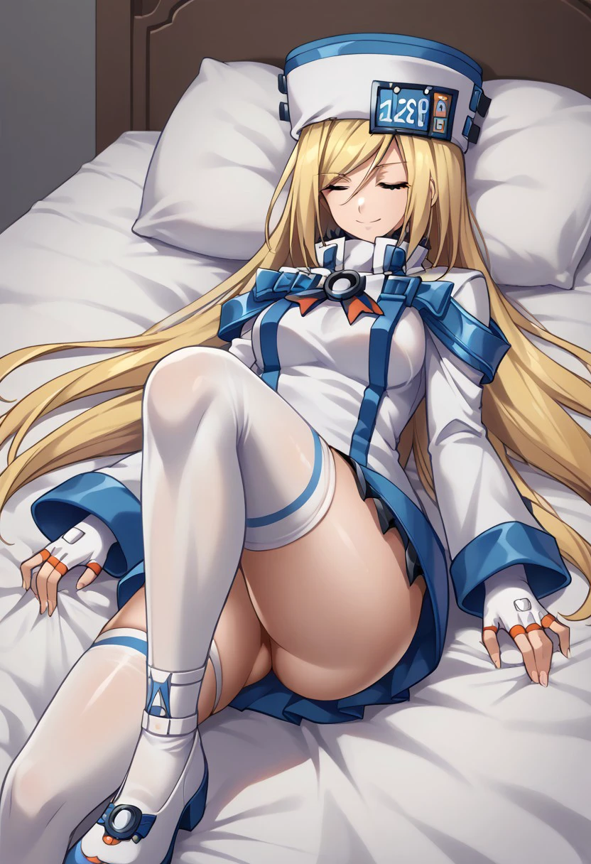 score_9, score_8_up, score_7_up, source_anime, good anatomy, 1girl, solo, MilliaRageXrd, blonde hair, very long hair, blue eyes, short white dress with blue trim, high collar, military uniform, license plate, white hat with blue trim, ushanka, white gloves, belts, white thighhighs, sleeves past wrists, shoes, folded arms, smiling, winking, lying on bed, one raised knee