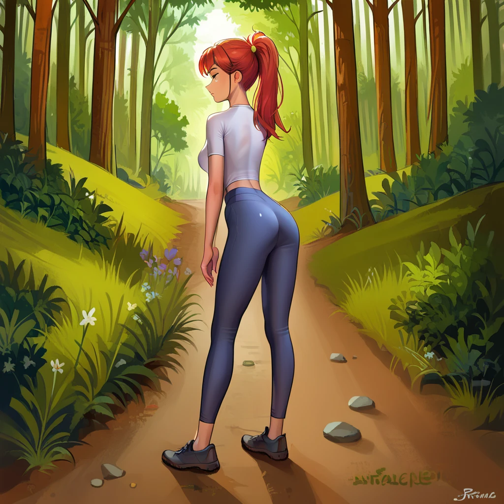 hi_res, score_9, score_8_up, (3qbv:1.1), 1girl, solo, source_anime, sexy girl, (full body, slim, tight shirt, tight pants), clothed, forest, hiking trail <lora:Standard_Poses:1>