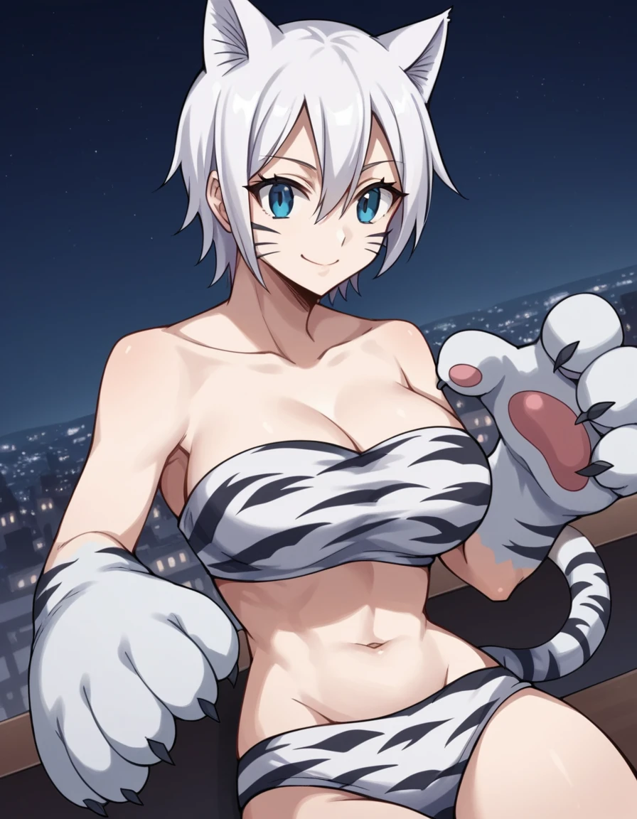 score_9, score_8_up, score_7_up, source_anime, <lora:lisanna-strauss-anime-ponyxl-lora-nochekaiser:1>, lisanna strauss, short hair, blue eyes, hair between eyes, white hair, large breasts,, navel, animal ears, bare shoulders, collarbone, tail, bikini, strapless, facial mark, animal print, animal hands, whisker markings, tiger ears, tiger print, tiger tail, tiger stripes,, city skyline, rooftop view, night time, city lights, quiet reflection, smile, , arm resting on back of chair, solo,, cowboy shot, dutch angle