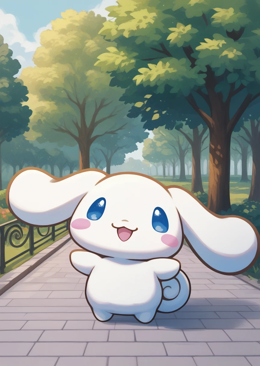 score_9, score_8_up, score_7_up, BREAK
source_anime, source_furry, Cinnamoroll, solo, looking at viewer, smile, open mouth, blue eyes, standing, :d, no humans, blush stickers, happy, park, cute, kawaii, chibi, long ears, white fur