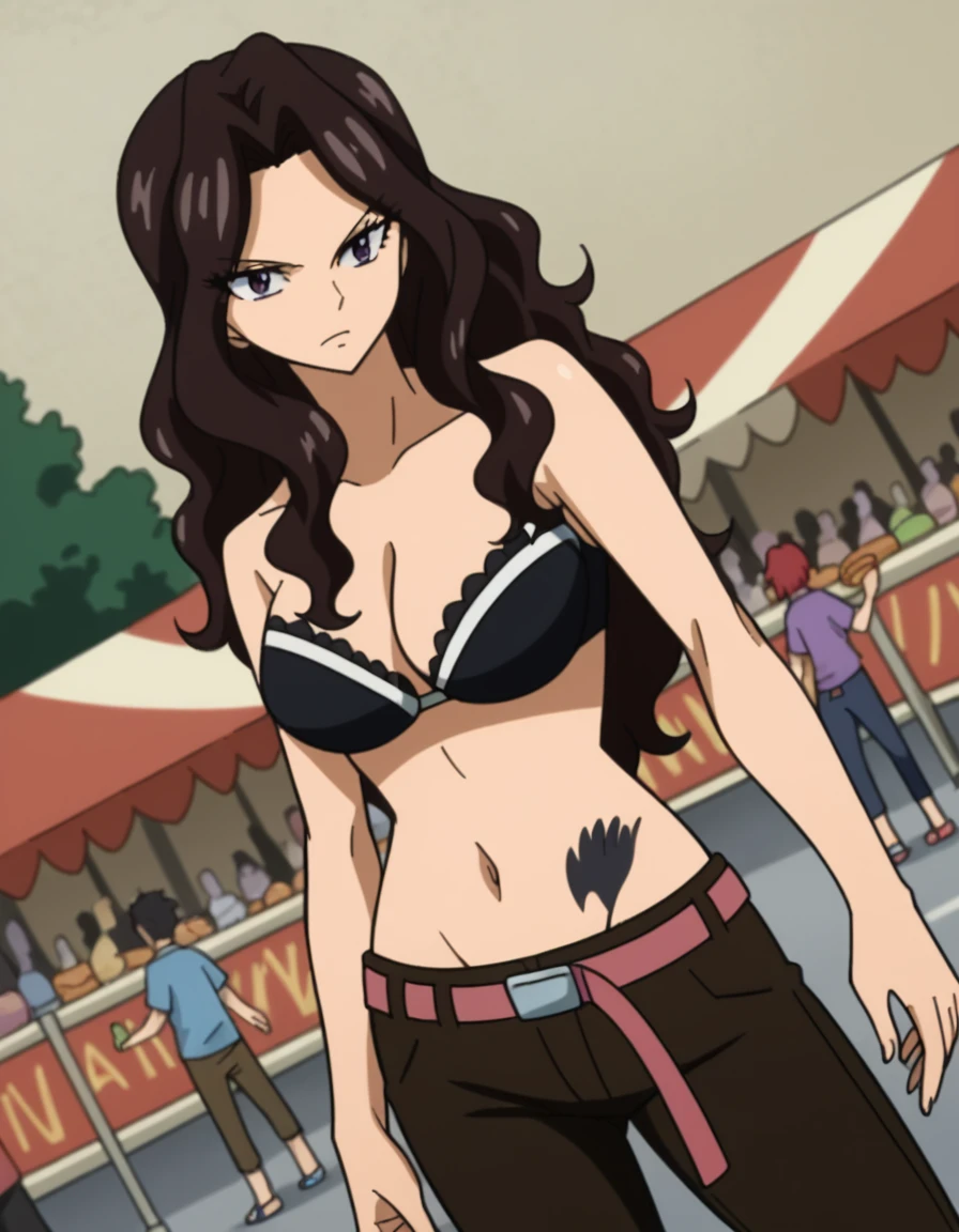 score_9, score_8_up, score_7_up, source_anime, <lora:cana-alberona-s7-ponyxl-lora-nochekaiser:1>, cana alberona, long hair, black hair, purple eyes, wavy hair, parted bangs, large breasts,, navel, cleavage, belt, pants, bra, tattoo, black bra,, street market, vendor, street food, bustling crowd, local flavor, vibrant, , , arm wrapped around someone, solo,, cowboy shot, dutch angle