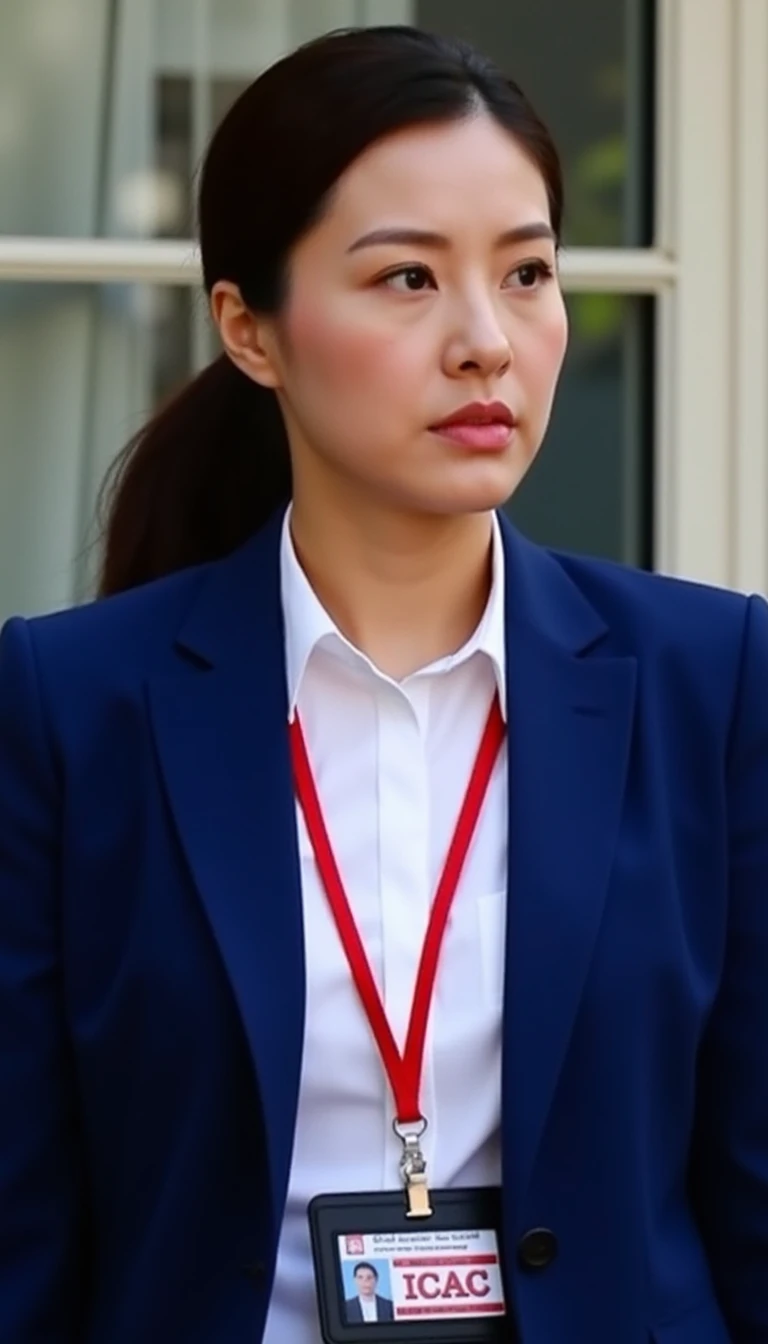 A photo of ICAC investigator. The image shows a young woman in a blue suit and a red lanyard around her neck with a name tag attached to it. She is wearing a white shirt.