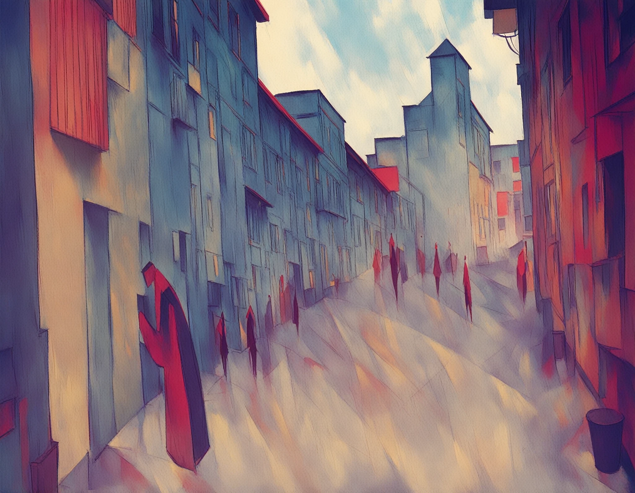 <lora:august-macke_pony_v1:1>  'A Glance Down an Alley' by Macke August in, cityscape \(genre\), Orphism \(style\), streets-and-squares, houses-and-buildings,, score_9, score_8_up, rating_safe,general