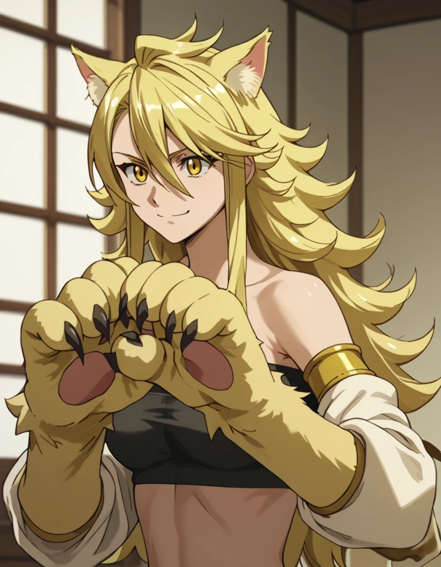 score_9, score_8_up, score_7_up, score_6_up, score_5_up, score_4_up, source_anime  <lora:AkamegaKill:1>, wide shot, soft smile Leone, long hair, blonde hair, yellow eyes, cat ears, cat tail, cat girl, claws, animal hands, tube top, underwear,