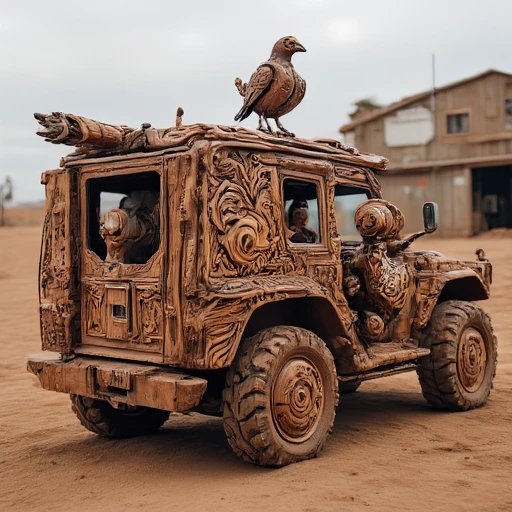 3boys, watermark, raven wood carving, ground vehicle, building, overalls, blurry, tire, desert, white flower, lips, robot